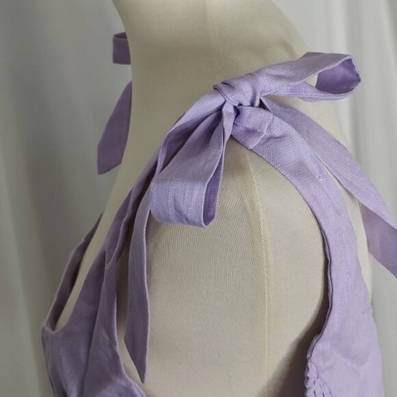 FARM Rio  Corset Crop Top L Lilac Smocked Shoulder Tie Linen Summer - Picture 9 of 12